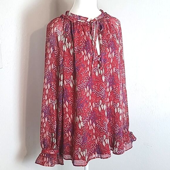 LOFT Red Sheer Blouse, Blue & White Print, Ruffled Collar & Cuffs, Size XL - Picture 3 of 13